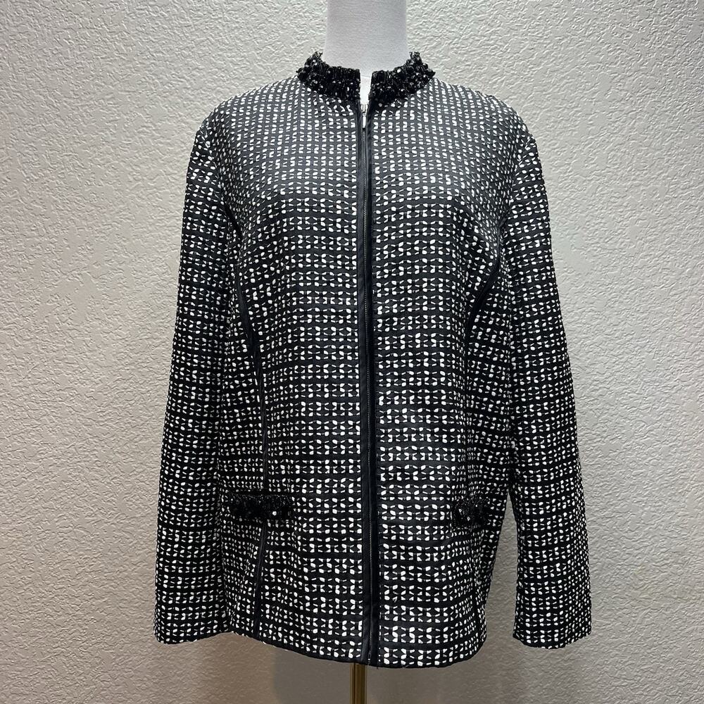 Women's Chico’s Black & White Tweed Zip Up Long Sleeve Blazer Jacket sz 3